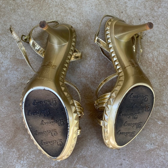 Delicacy Gold Strappy Rhinestone Embellished Bow Tie Open Toe Heels - Picture 9 of 13